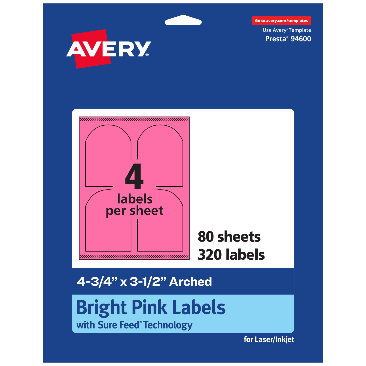 Avery Print-To-The-Edge Labels With Sure Feed Technology, 94600-BPP80, Arched, 4-3/4in x 3-1/2in, Matte Bright Pink, Pack of 320