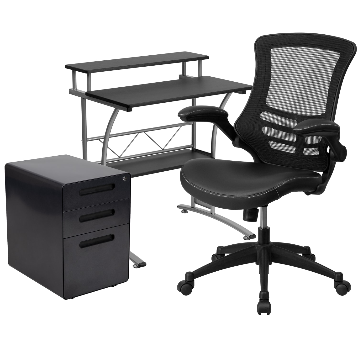 Flash Furniture Work From Home Desk And Chair Set With Computer Desk, Ergonomic Mesh/LeatherSoft Office Chair And Locking Mobile Filing Cabinet, Black - Image 3