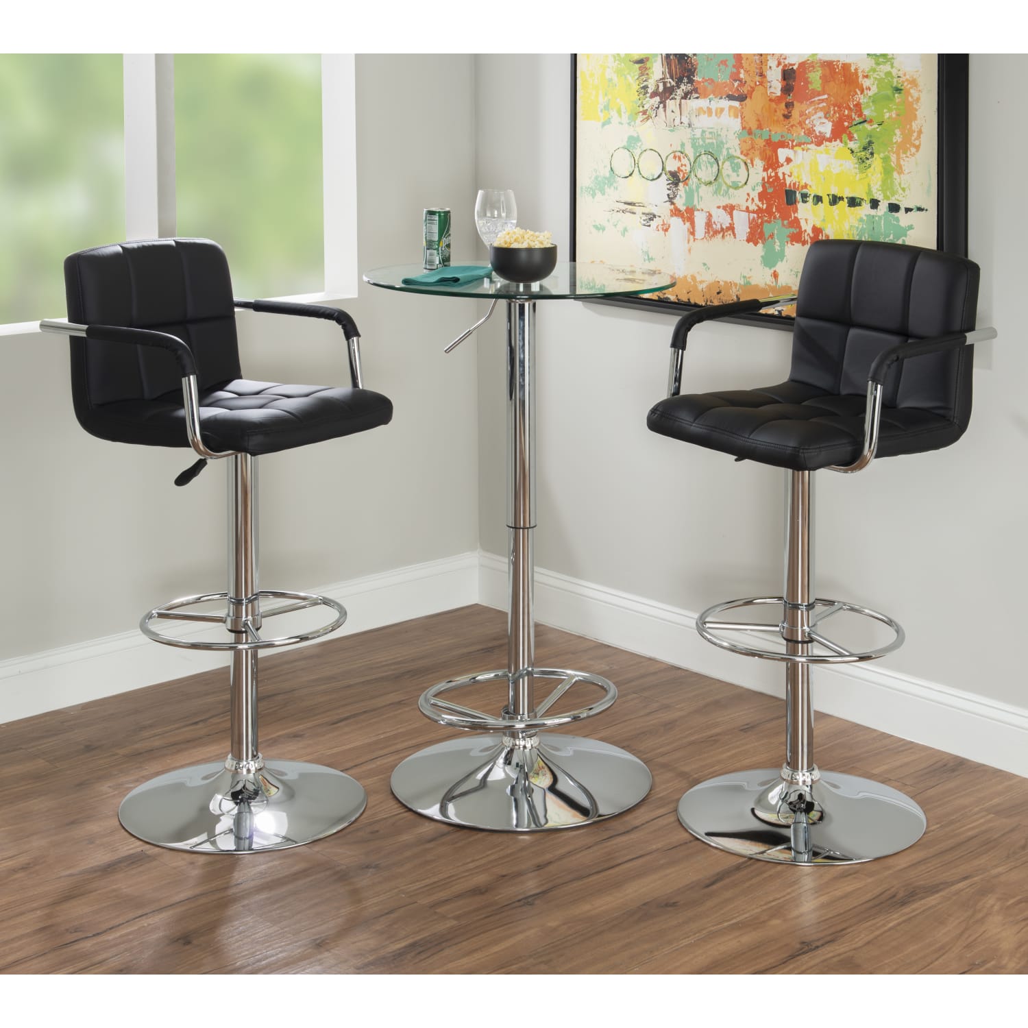 Powell Quilted Faux Leather Bar Stool with Arms, Black/Chrome - Image 5