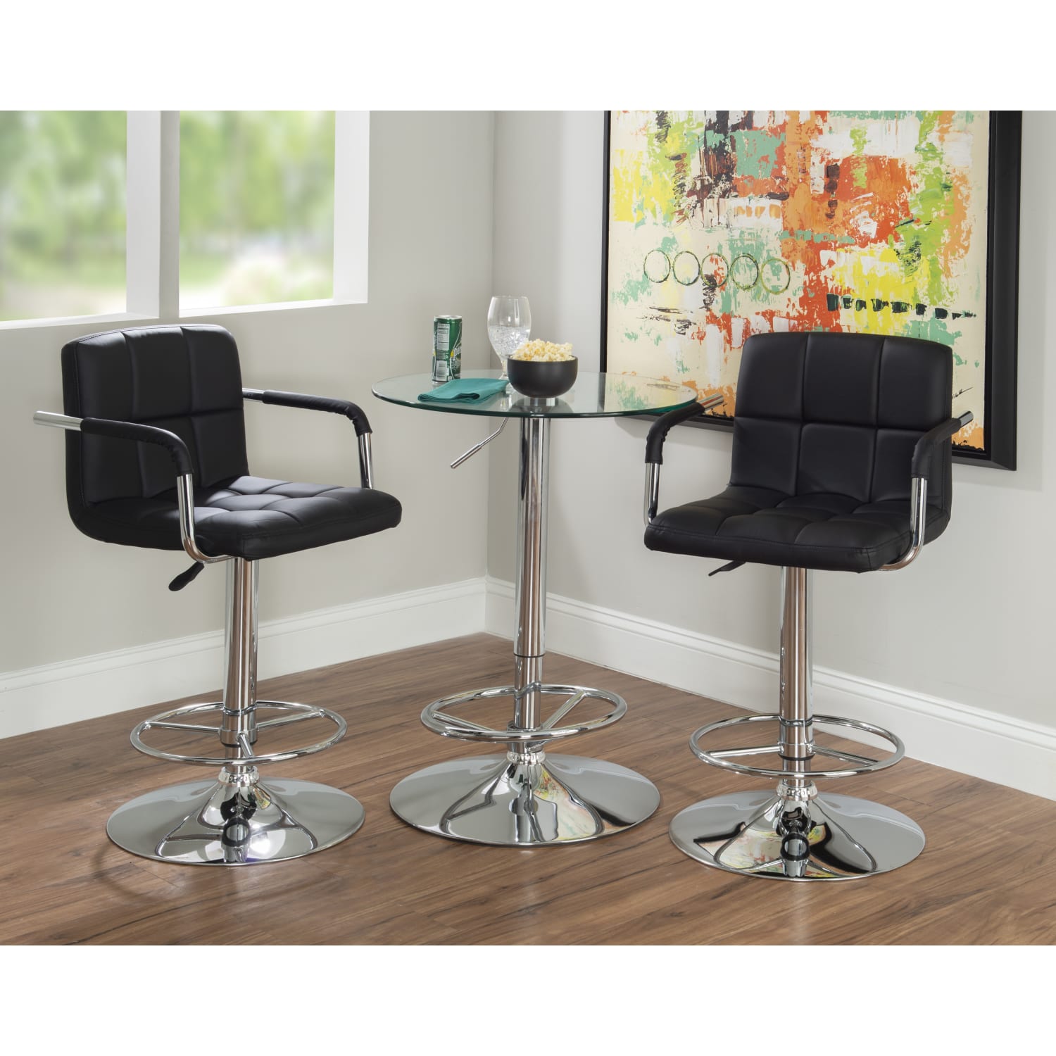 Powell Quilted Faux Leather Bar Stool with Arms, Black/Chrome - Image 6