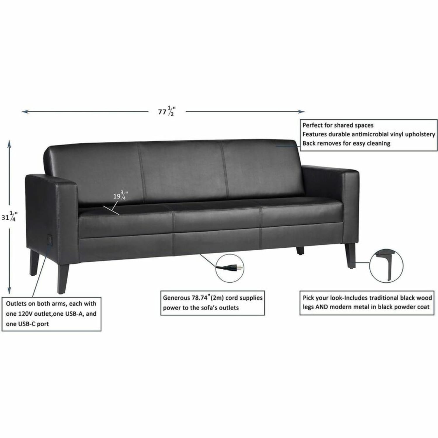 Lorell Clarke Series Sofa with Antimicrobial Upholstery and Power - 77.3in x 29.8in x 31in Overall Dimension - 1 Each - Image 6