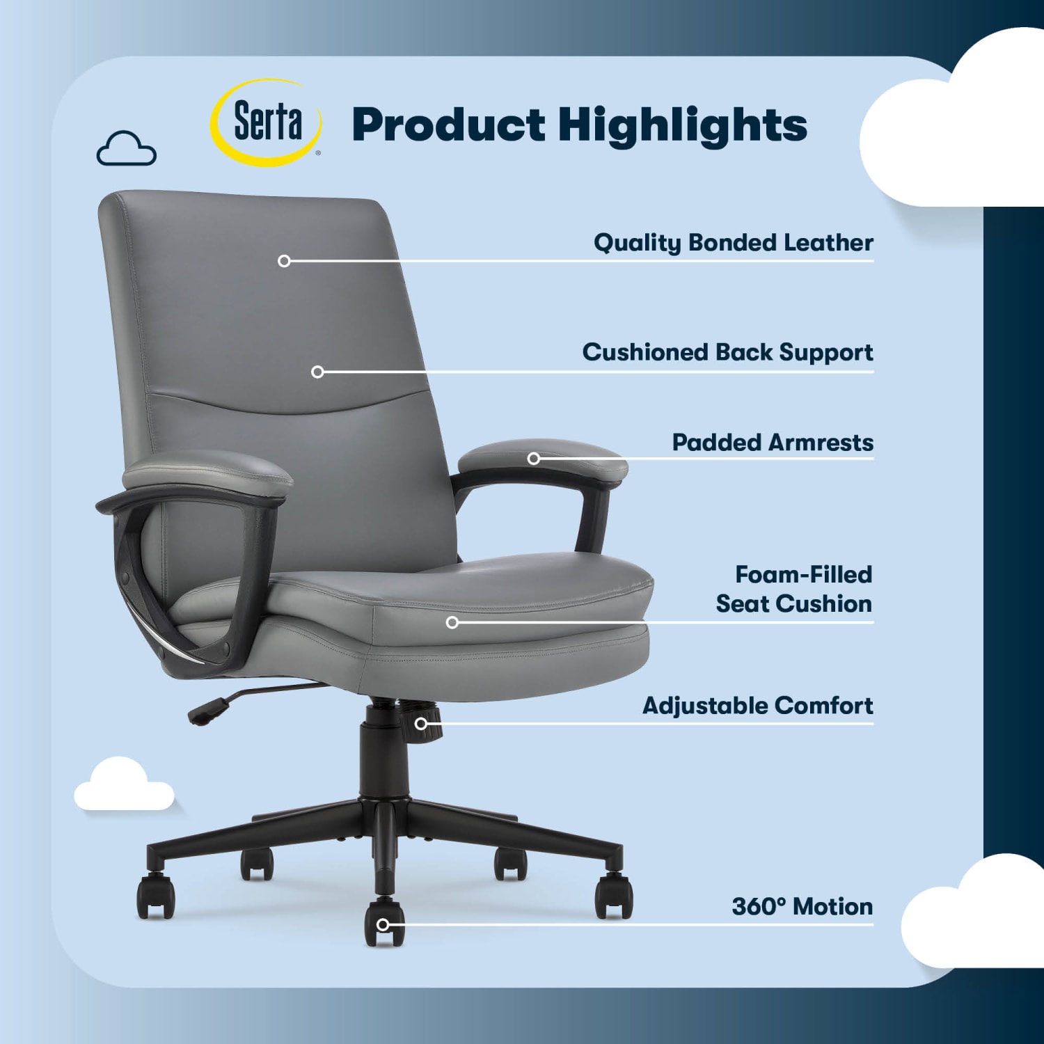 Serta Comfort Modern Ergonomic Bonded Leather High-Back Executive Office Chair, Gray - Image 5