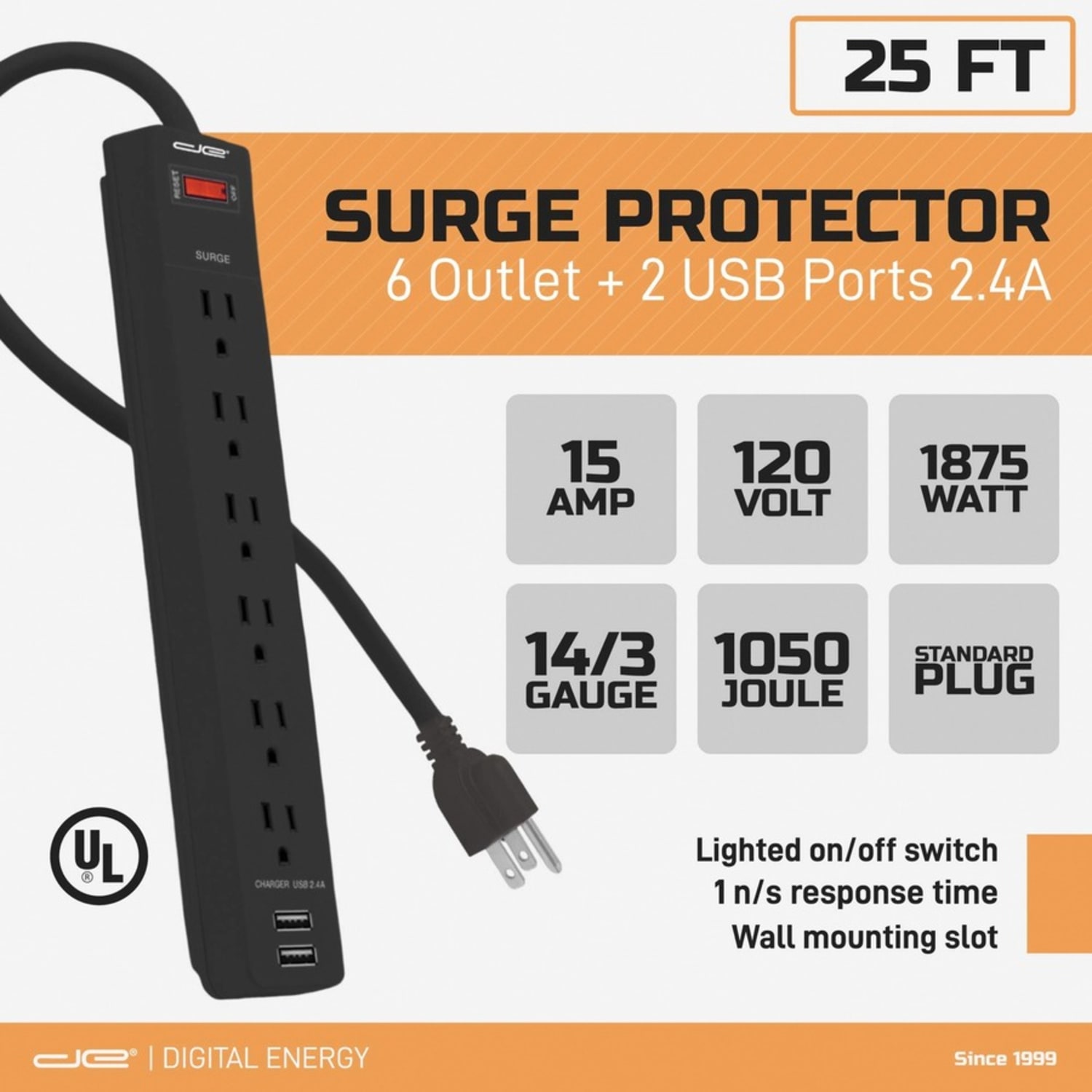 Digital Energy World 6-Outlet Surge Protector Power Strip with 2 USB Ports and 25-Foot Cord (Black) - ENR11008 - Image 3