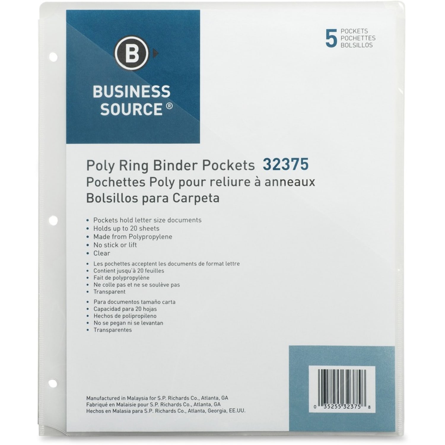 Business Source Poly Binder Pockets - 40 x Sheet Capacity - For Letter 8 1/2in x 11in Sheet - 3 x Holes - Rectangular - Clear - Polypropylene - 5 / Pack - Image 3