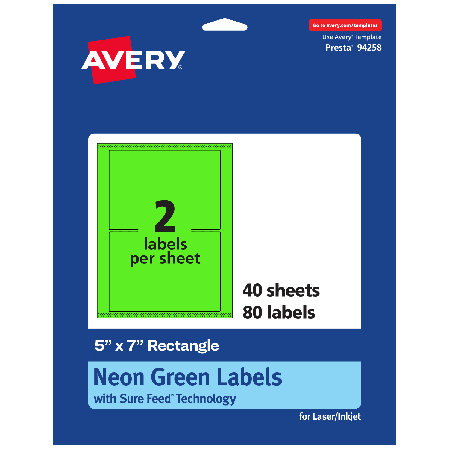 Avery Printable Labels With Sure Feed Technology, 94258-NGP40, Rectangle, 5in x 7in, Matte Neon Green, Pack of 80 - Image 3