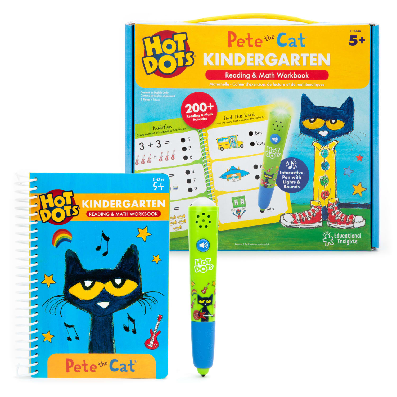 Educational Insights Hot Dots Pete the Cat Kindergarten Reading & Math Activity Book & Hot Dots Pen