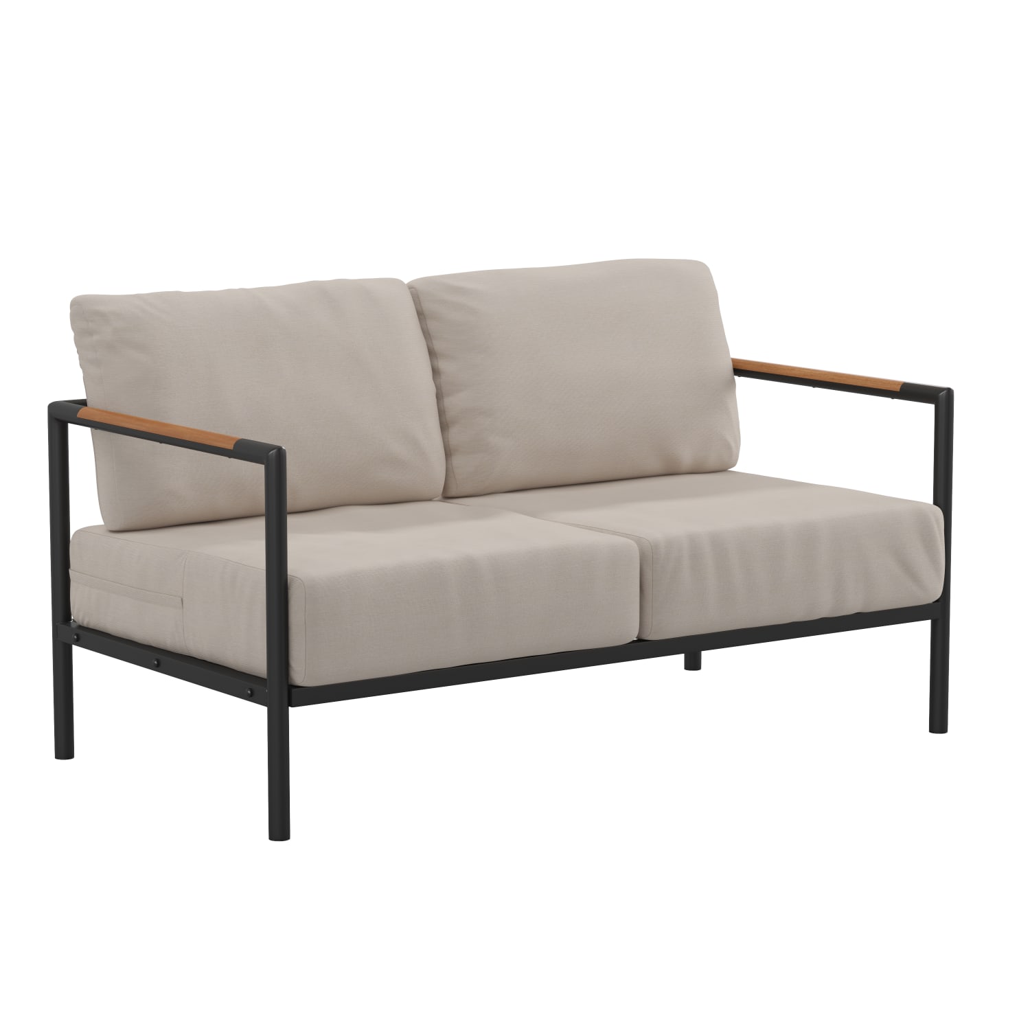 Flash Furniture Lea Indoor/Outdoor Patio Loveseat With Teak Accent Arms, Beige/Black - Image 3