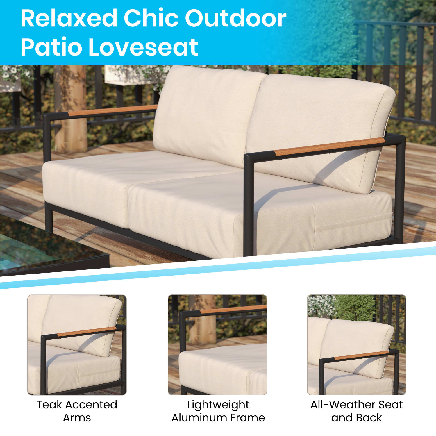 Flash Furniture Lea Indoor/Outdoor Patio Loveseat With Teak Accent Arms, Beige/Black - Image 5