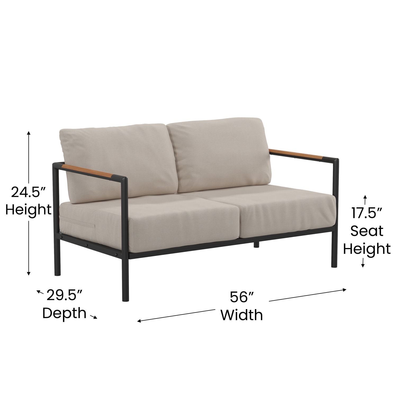Flash Furniture Lea Indoor/Outdoor Patio Loveseat With Teak Accent Arms, Beige/Black - Image 6