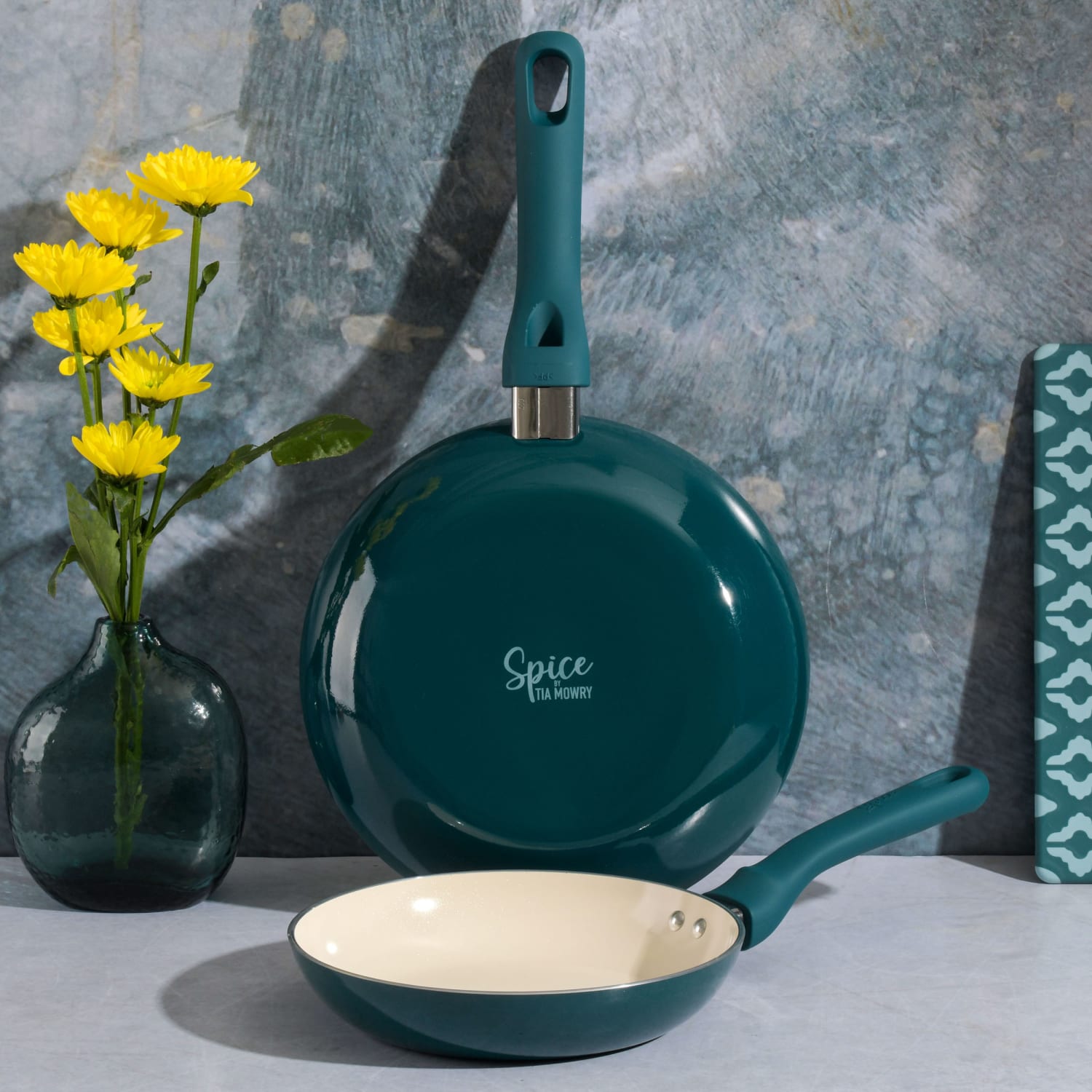 Spice by Tia Mowry Savory Saffron 2-Piece Ceramic Non-Stick Aluminum Frying Pan Set, Teal - Image 4