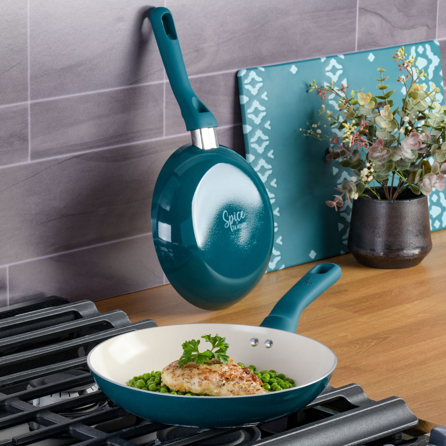 Spice by Tia Mowry Savory Saffron 2-Piece Ceramic Non-Stick Aluminum Frying Pan Set, Teal - Image 6