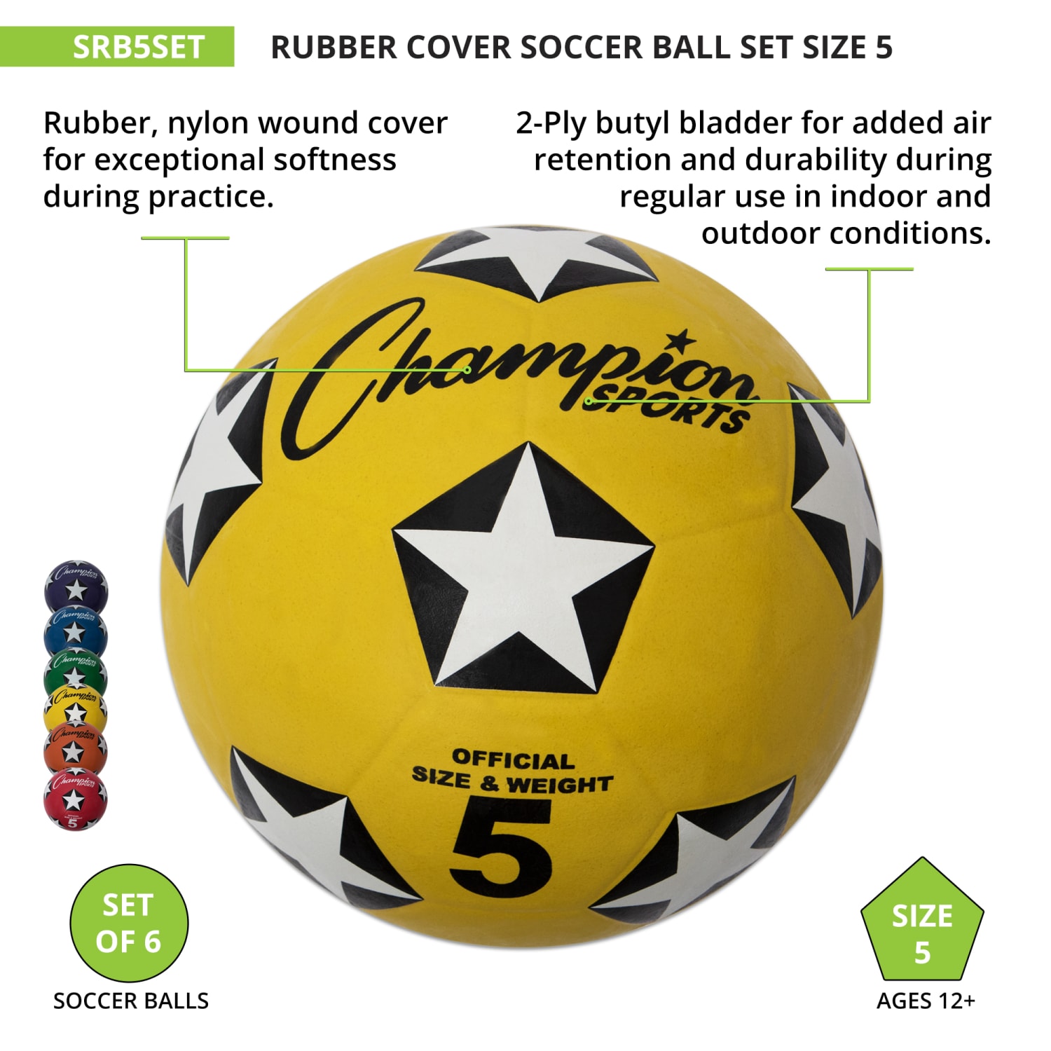 Champion Sports Rubber Cover Soccer Ball Set, Size 5, Set Of 6 Balls - Image 4