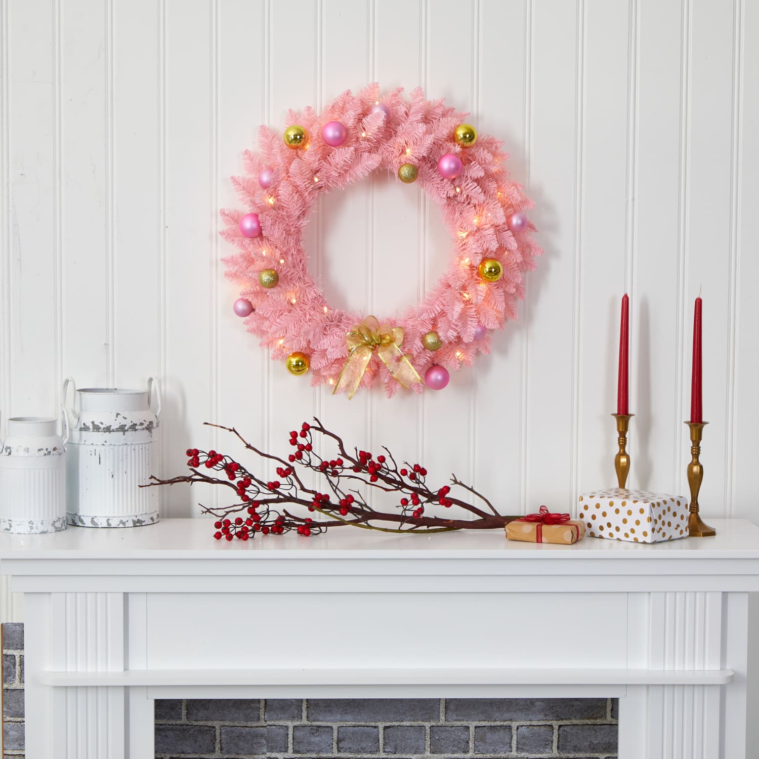 Nearly Natural 24in Artificial Christmas Wreath With 35 LED Lights And Ornaments, 24in x 4in, Pink - Image 5