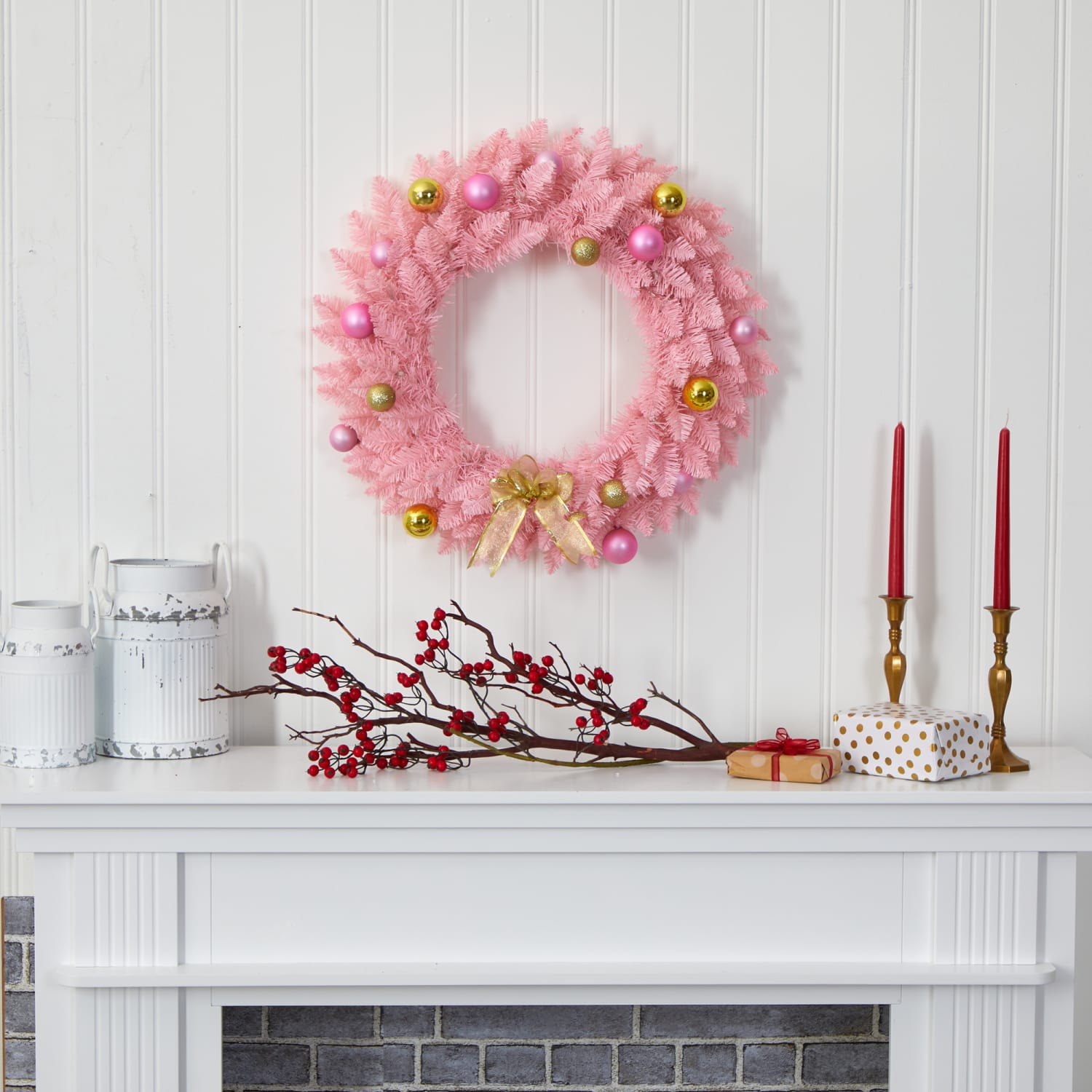 Nearly Natural 24in Artificial Christmas Wreath With 35 LED Lights And Ornaments, 24in x 4in, Pink - Image 6