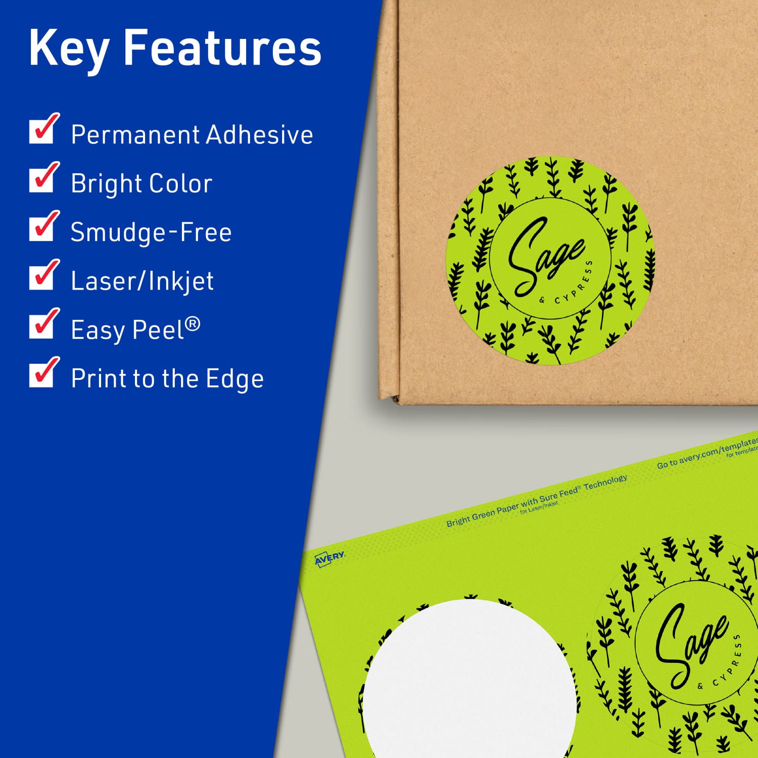 Avery Print-To-The-Edge Labels With Sure Feed Technology And Easy Peel Label Feature, 94514-BGP20, Round, 3-1/2in, Matte Bright Green, Pack of 80 - Image 3