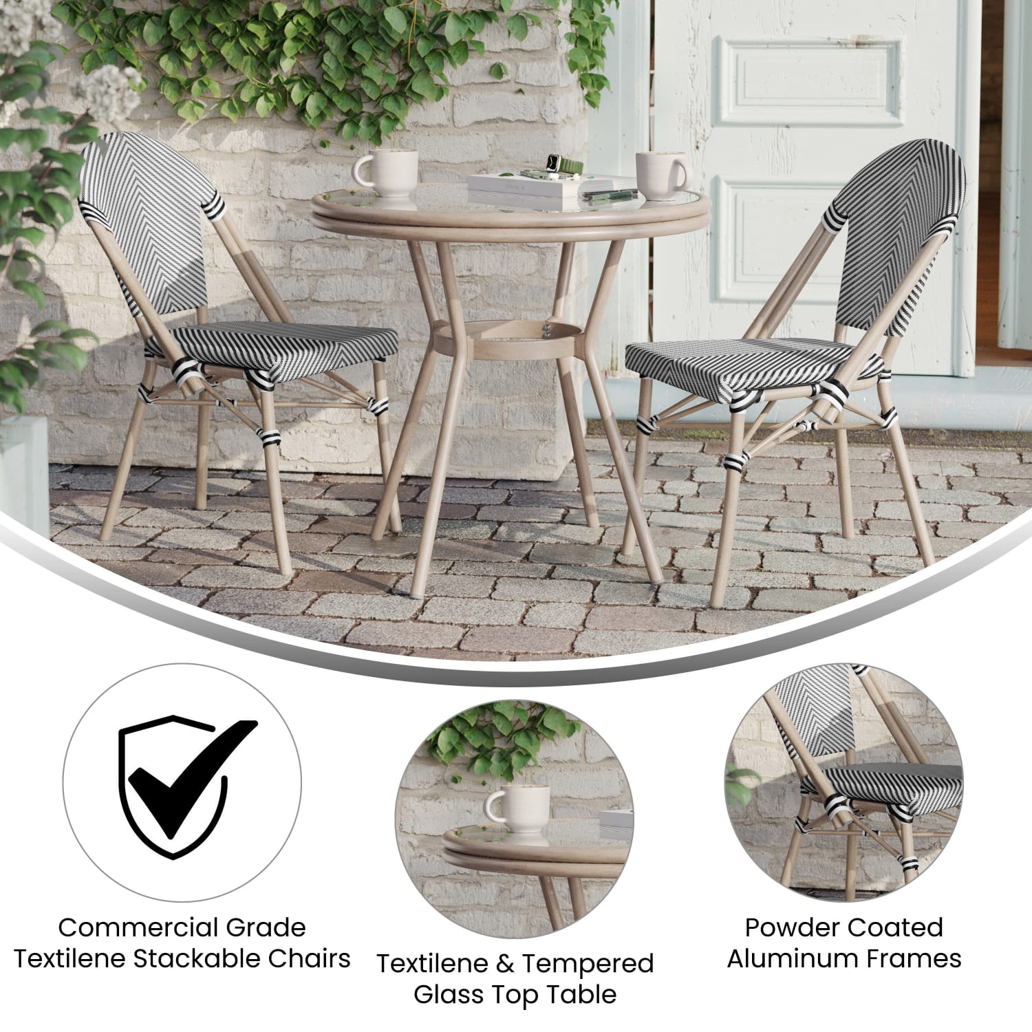 Flash Furniture Marseille Indoor/Outdoor Commercial Bistro 31.5in Table, Textilene, Glass Top with 2 Stack Chairs, Black & White Textilene/Light Natural Frame - Image 4