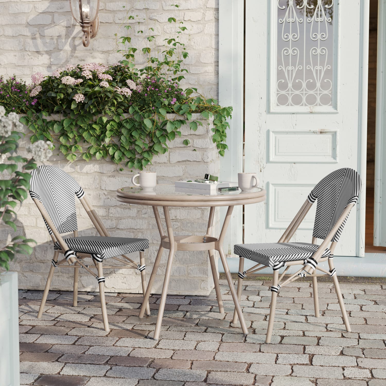 Flash Furniture Marseille Indoor/Outdoor Commercial Bistro 31.5in Table, Textilene, Glass Top with 2 Stack Chairs, Black & White Textilene/Light Natural Frame - Image 5
