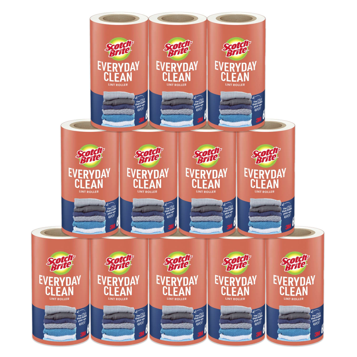 Scotch-Brite Everyday Clean Lint Roller Refills, 4 in, 12 Rollers, 60 Sheets/Roll, Versatile Lint Removers for Daily Cleaning, Clothes and Pet Hair