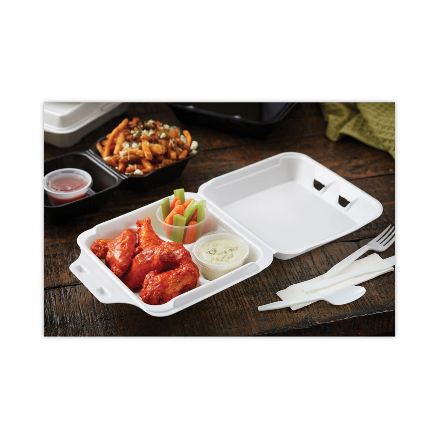 Pactiv Evergreen SmartLock Foam Hinged Lid Containers, Medium, 3-Compartment, 3inH x 8inW x 8-1/2inD, White, Carton Of 150 Containers - Image 4