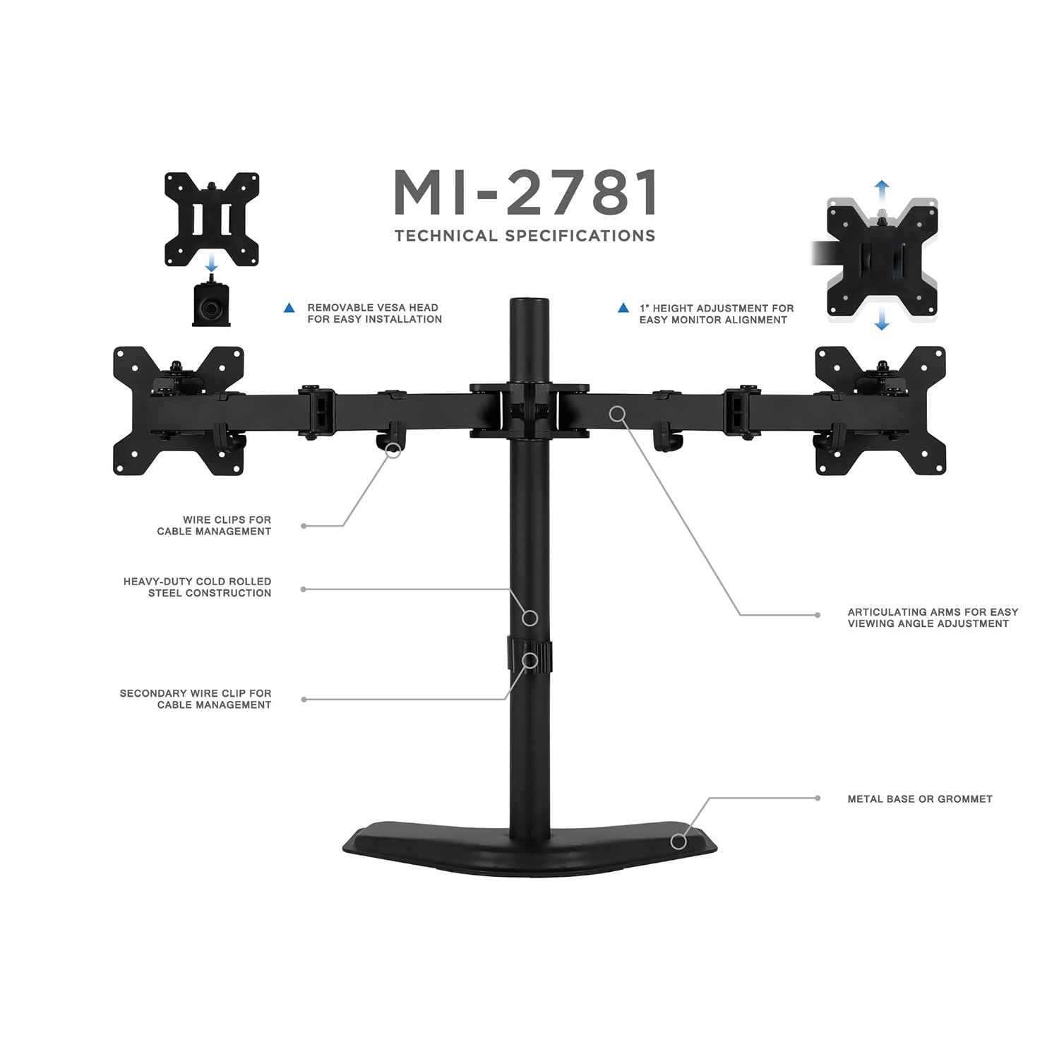 Mount-It! Dual Monitor Desk Stand for Screens Up to 32in, Black, MI-2781 - Image 5