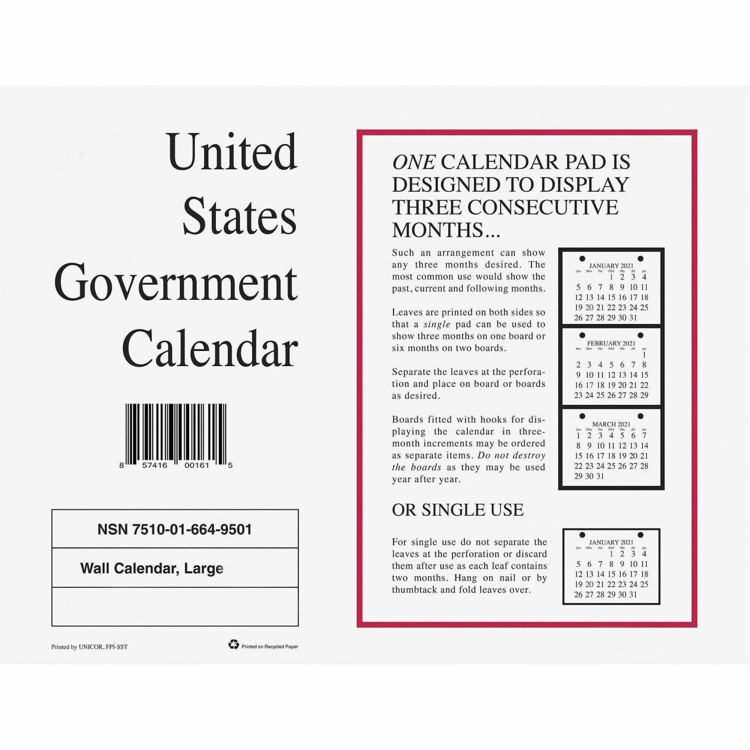Unicor Monthly Wall Calendar, 6649509