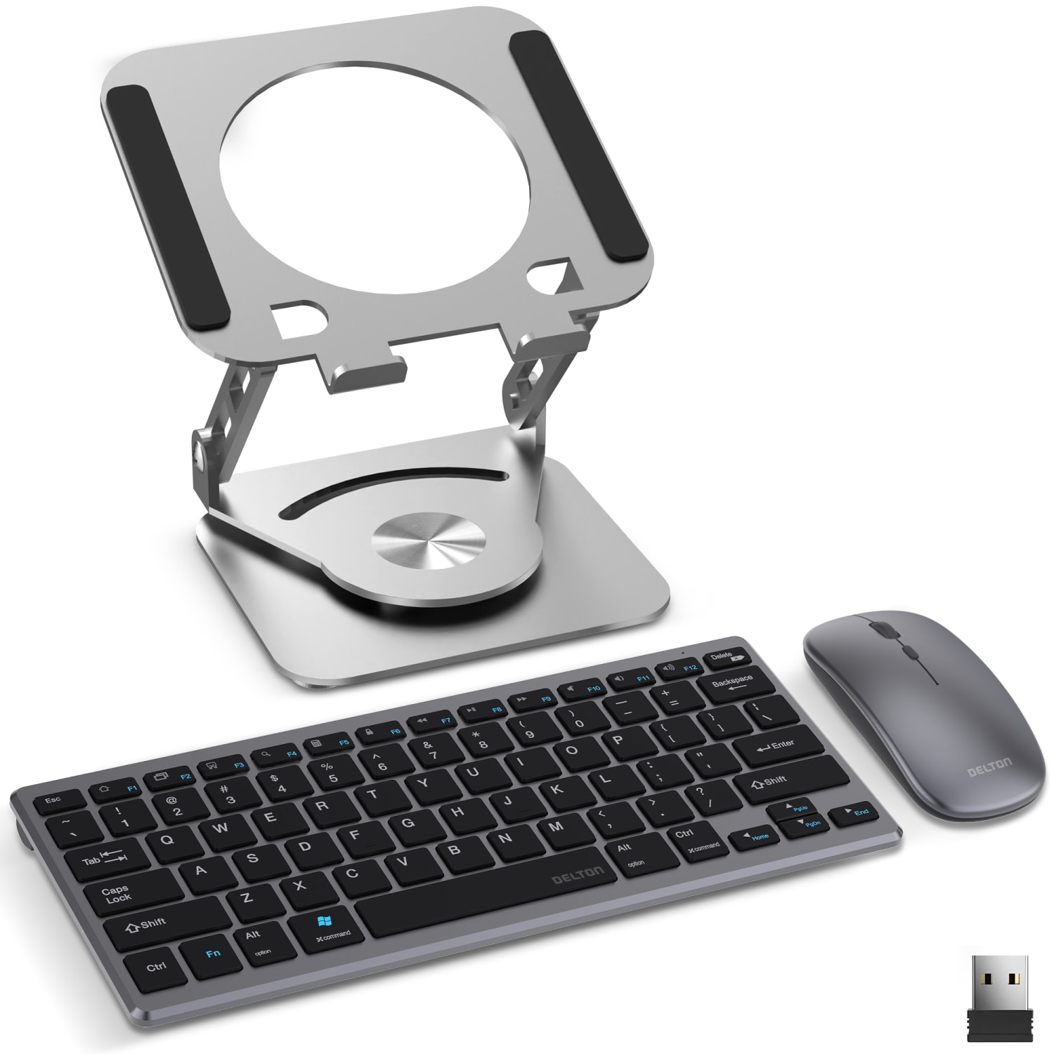 Delton Wireless Keyboard, Mouse and Tablet Stand Bundle, Silver, Total Qty 1