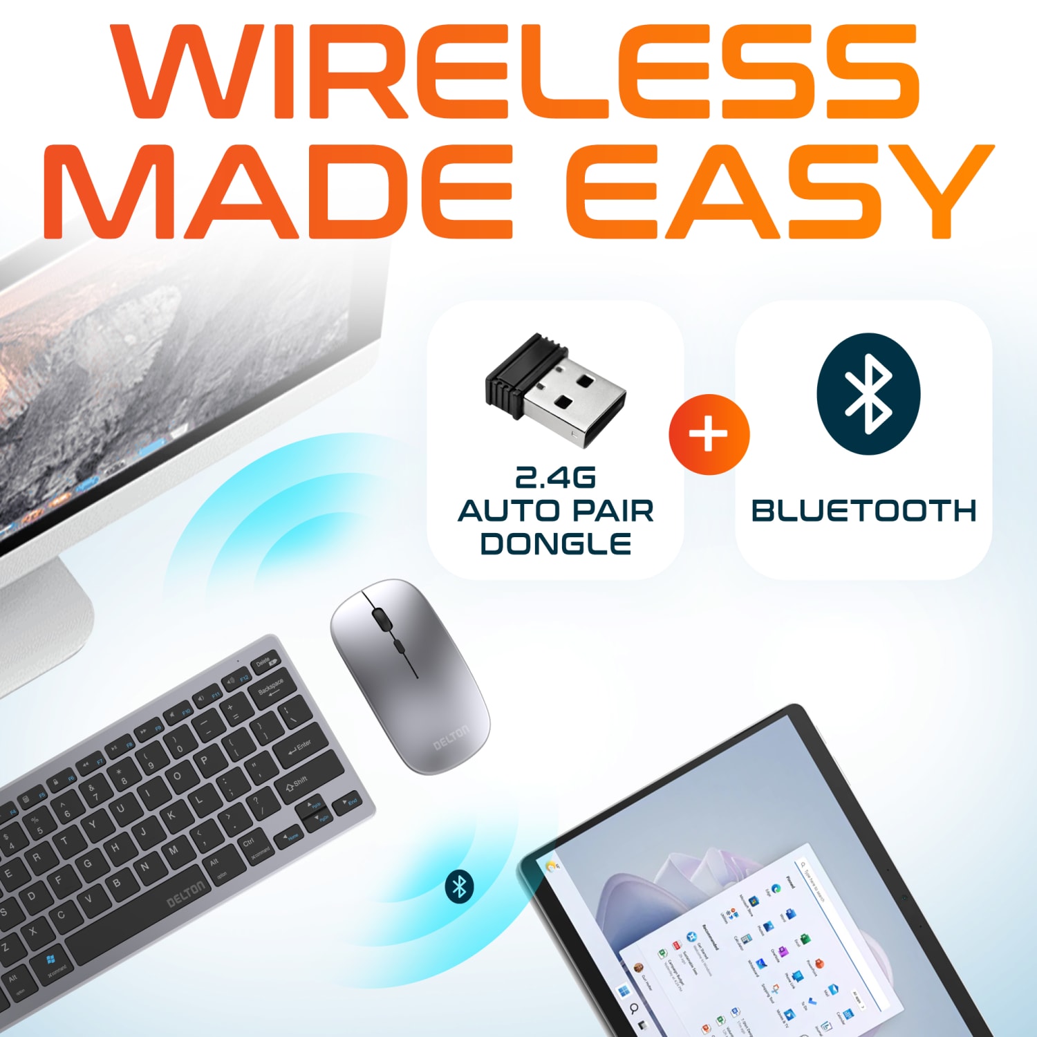 Delton Wireless Keyboard, Mouse and Tablet Stand Bundle, Silver, Total Qty 1 - Image 4