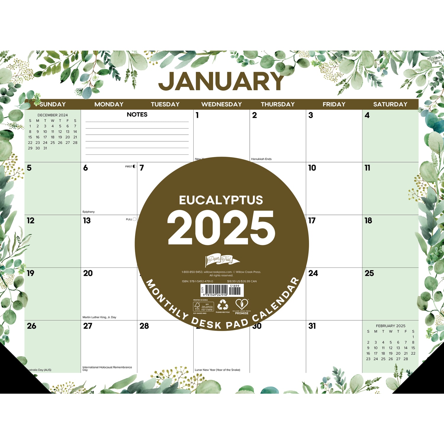2025 Willow Creek Press Monthly Desk Pad Calendar, 22in x 17in, Eucalyptus, January 2025 To December 2025, 47910 - Image 3
