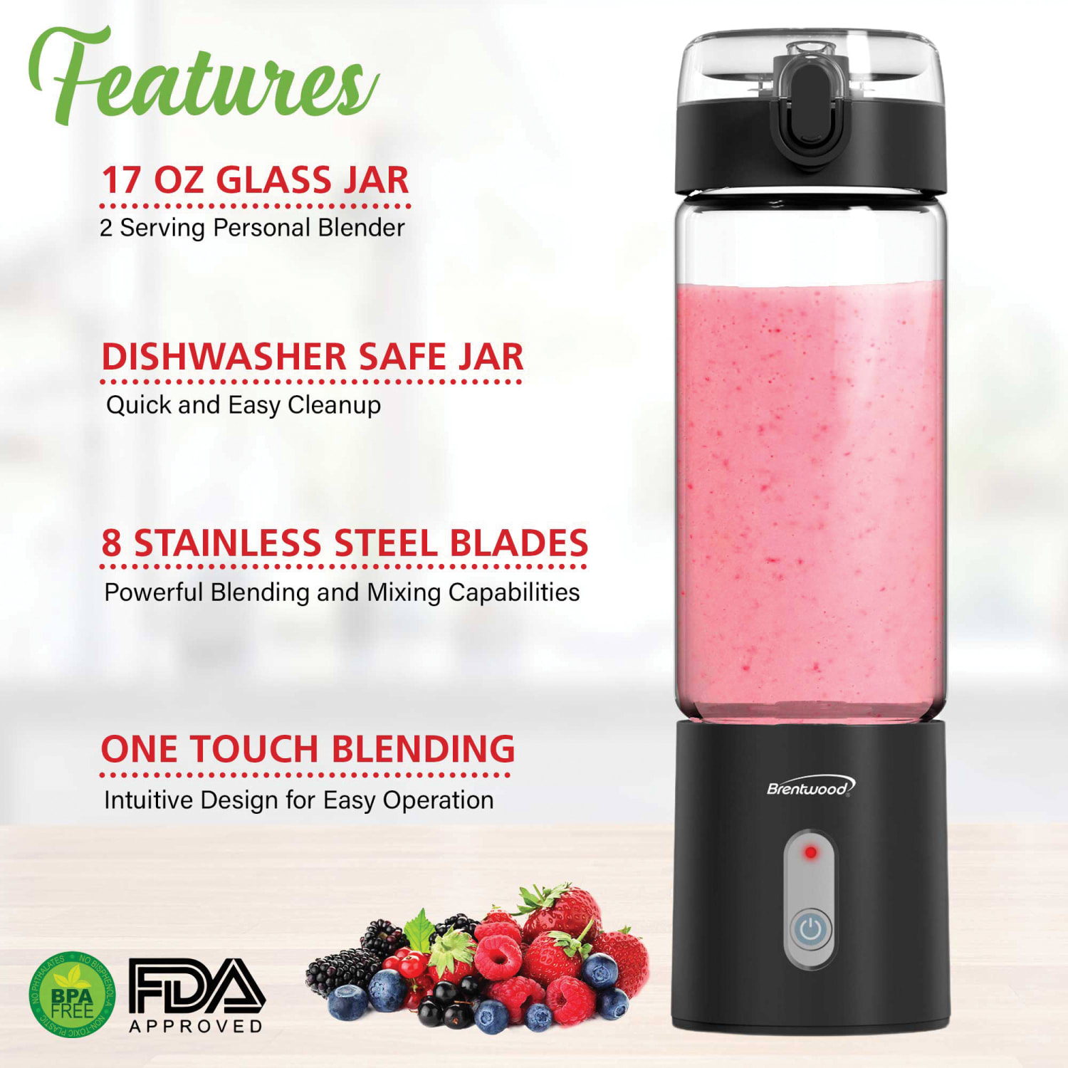 Brentwood 50-Watt 17 Oz Portable Battery-Operated USB-Chargeable Glass Blender, Black - Image 5