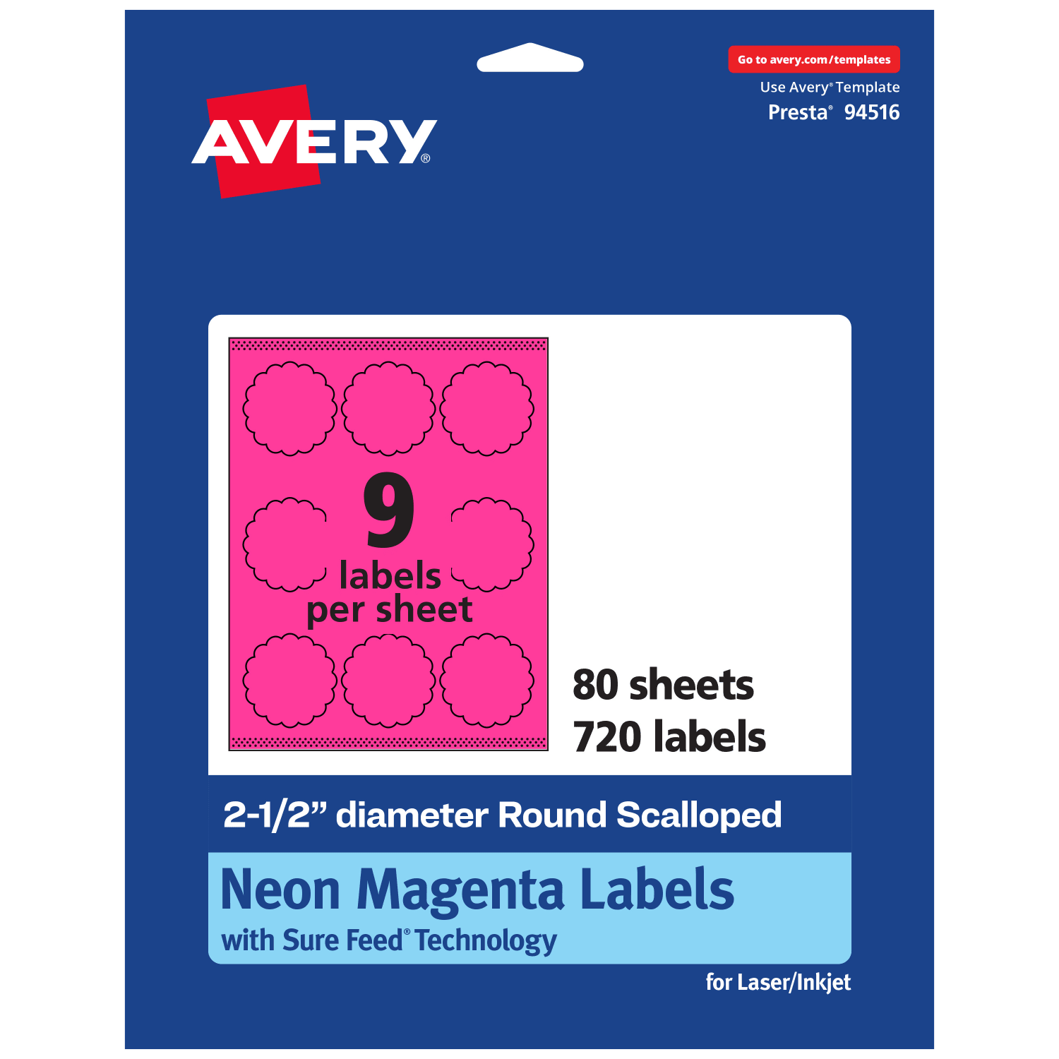 Avery Print-To-The-Edge Labels With Sure Feed Technology, 94516-NMP80, Round Scalloped, 2-1/2in, Matte Neon Magenta, Pack of 720