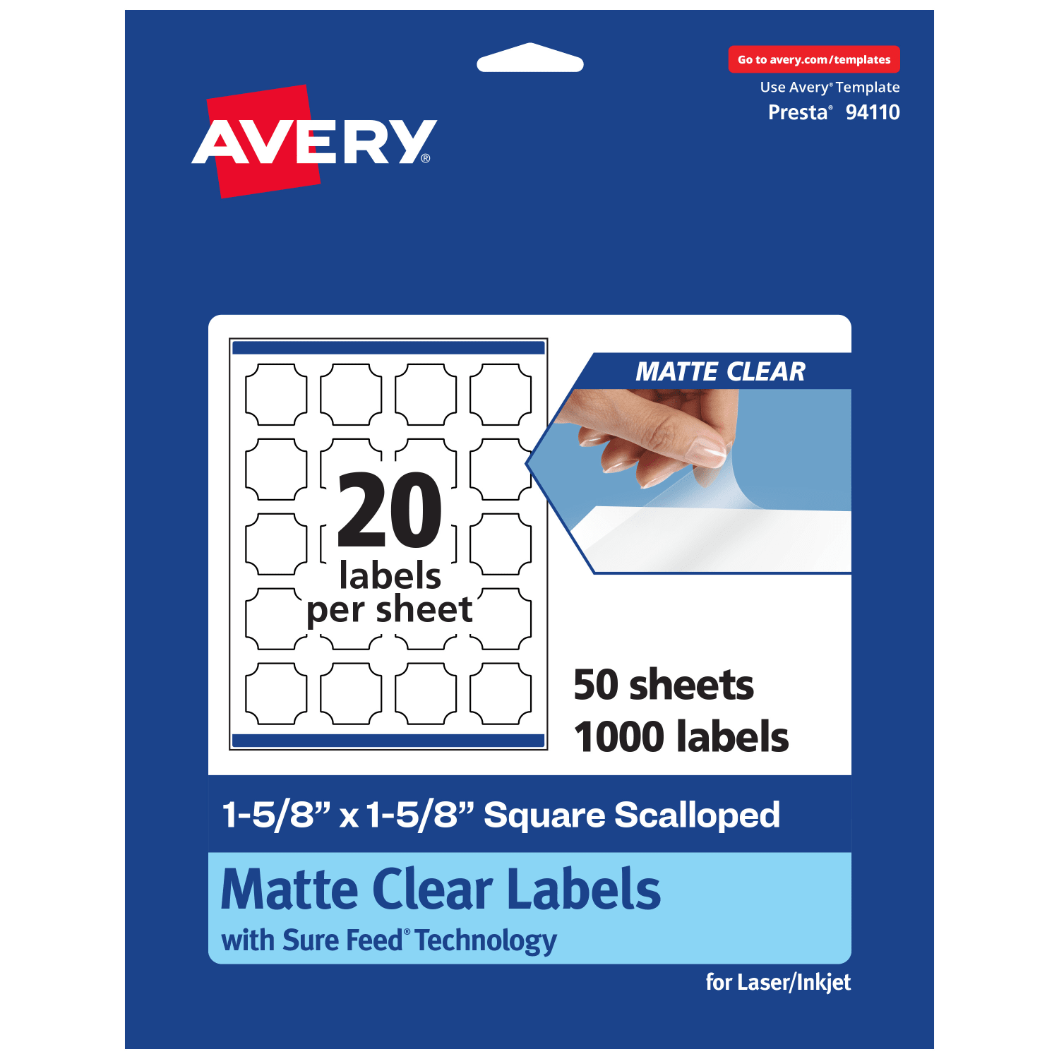 Avery Permanent Labels With Sure Feed, 94110-CMF50, Square Scalloped, 1-5/8in x 1-5/8in, Matte Clear, Pack Of 1,000