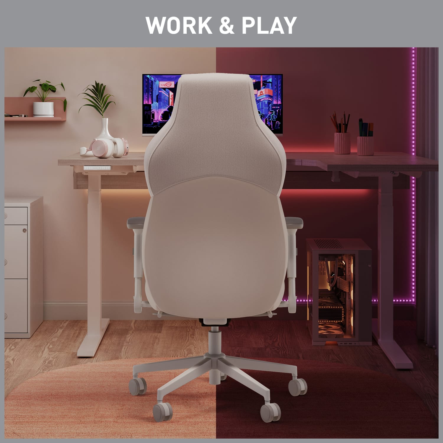RS Gaming Saphira Ergonomic Fabric/Vegan Leather High-Back Gaming Chair With Footrest, Warm White, BIFMA Compliant - Image 3