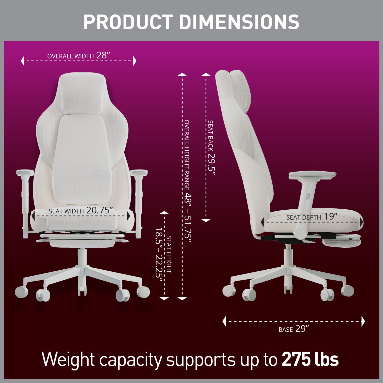 RS Gaming Saphira Ergonomic Fabric/Vegan Leather High-Back Gaming Chair With Footrest, Warm White, BIFMA Compliant - Image 4