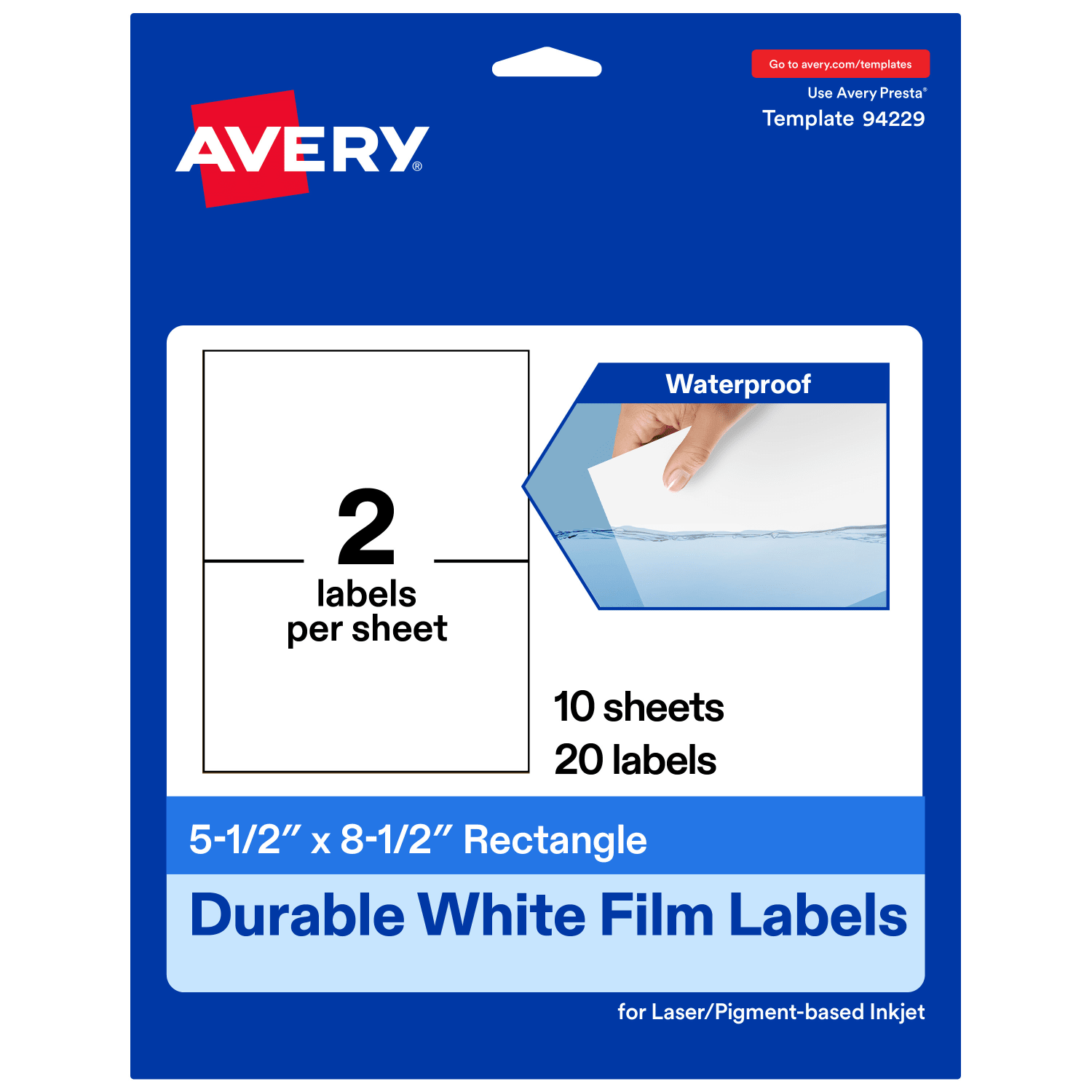 Avery Waterproof Permanent Labels, 94229-WMF10, Rectangle, 5-1/2in x 8-1/2in, White, Pack Of 20