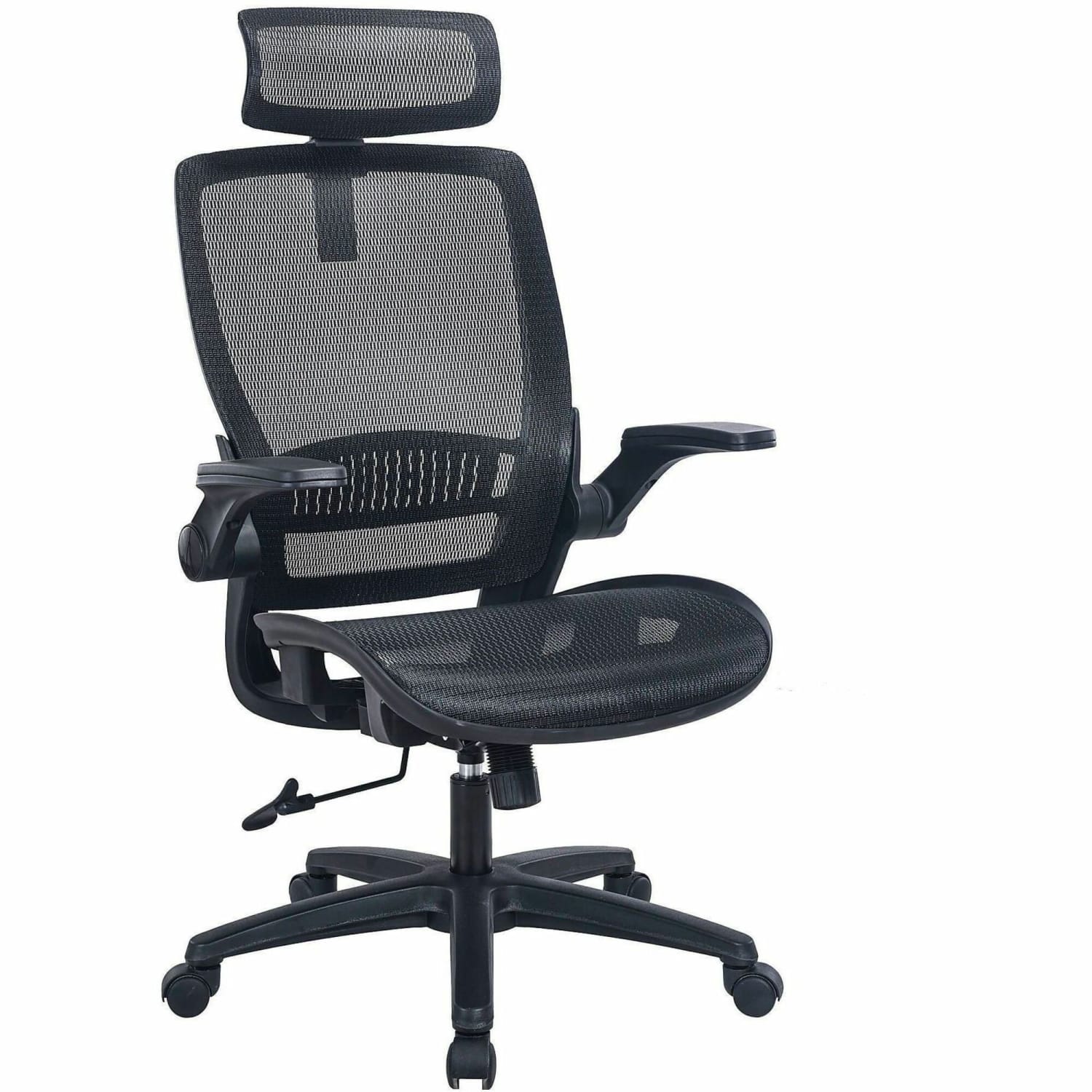 Lorell Lanser All-Mesh Chair with Flip-Up Arms - Mesh Seat Material - Mesh Back Material - High Back - 5-star Base - Black - Armrest - 1 Each
