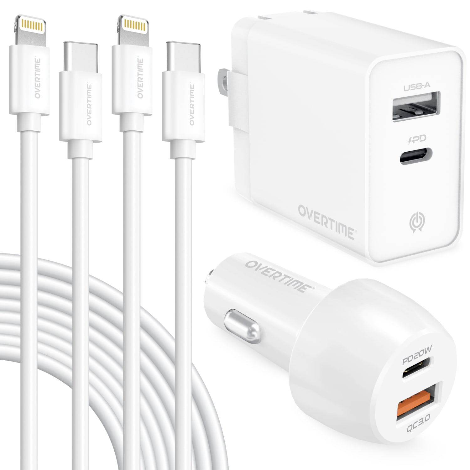 Overtime 4-Piece Wall And Car Charger Kit, 10ft, White