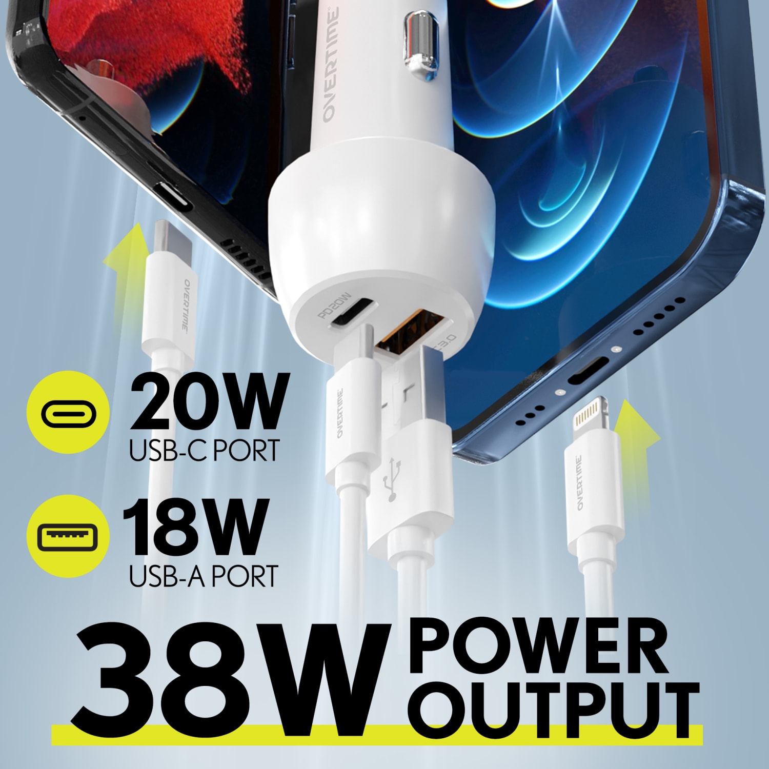 Overtime 4-Piece Wall And Car Charger Kit, 10ft, White - Image 4
