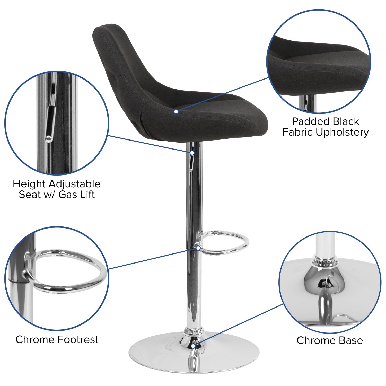Flash Furniture Contemporary Adjustable Height Swivel Bar Stool With Support Pillow, Black Fabric/Chrome - Image 6