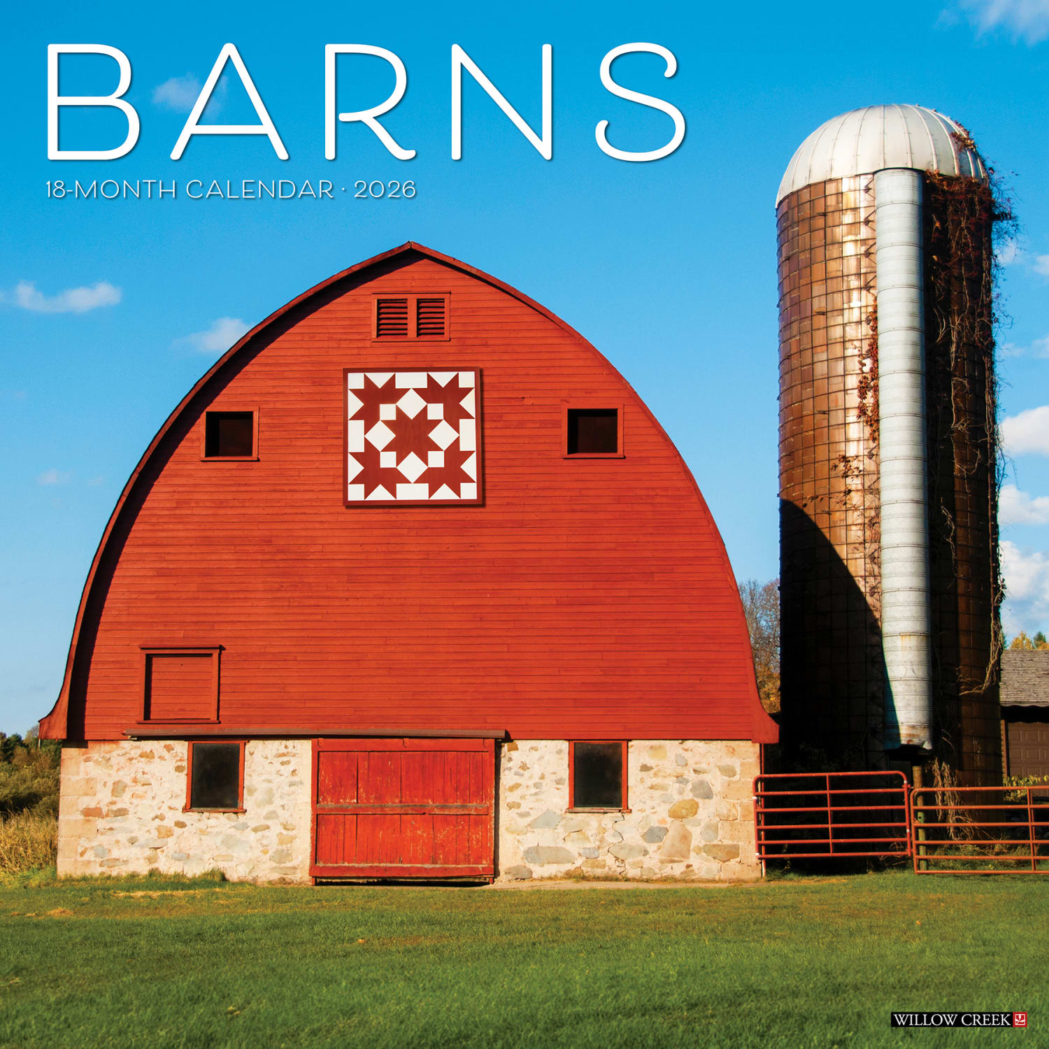 2026 Willow Creek Press Art & Design Monthly Wall Calendar, 12in x 12in, Barns, January To December, 50057