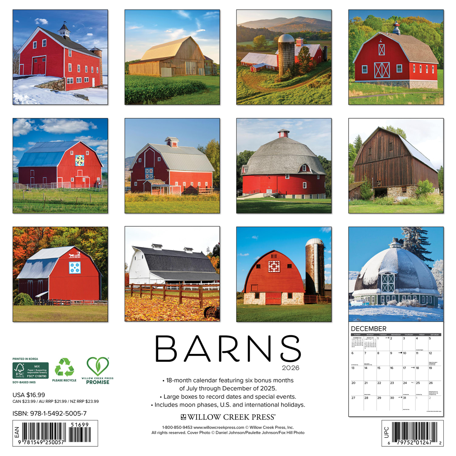 2026 Willow Creek Press Art & Design Monthly Wall Calendar, 12in x 12in, Barns, January To December, 50057 - Image 6