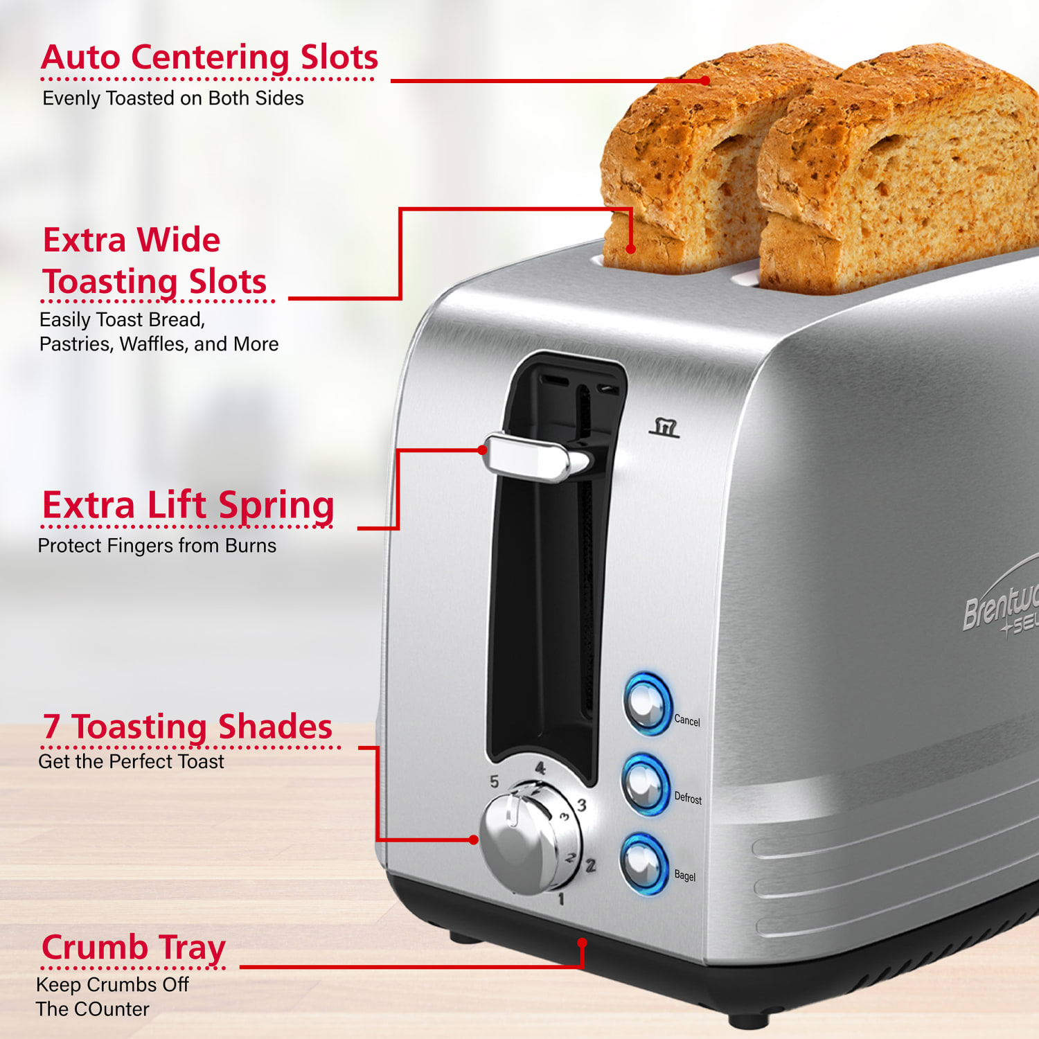 Brentwood Select Extra-Wide 2-Slot Stainless-Steel Toaster, Silver - Image 4