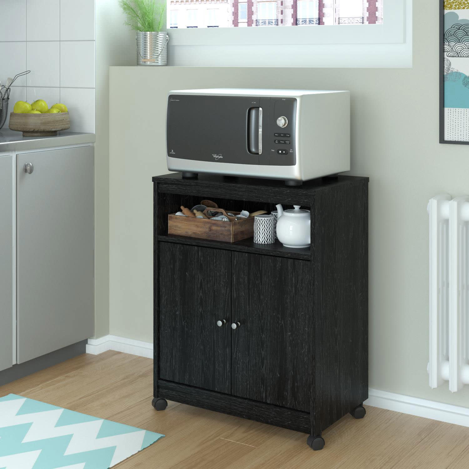 Ameriwood Home Landry Microwave Cart, With Cabinet, 30inH x 24inW x 15inD, Black Oak - Image 5