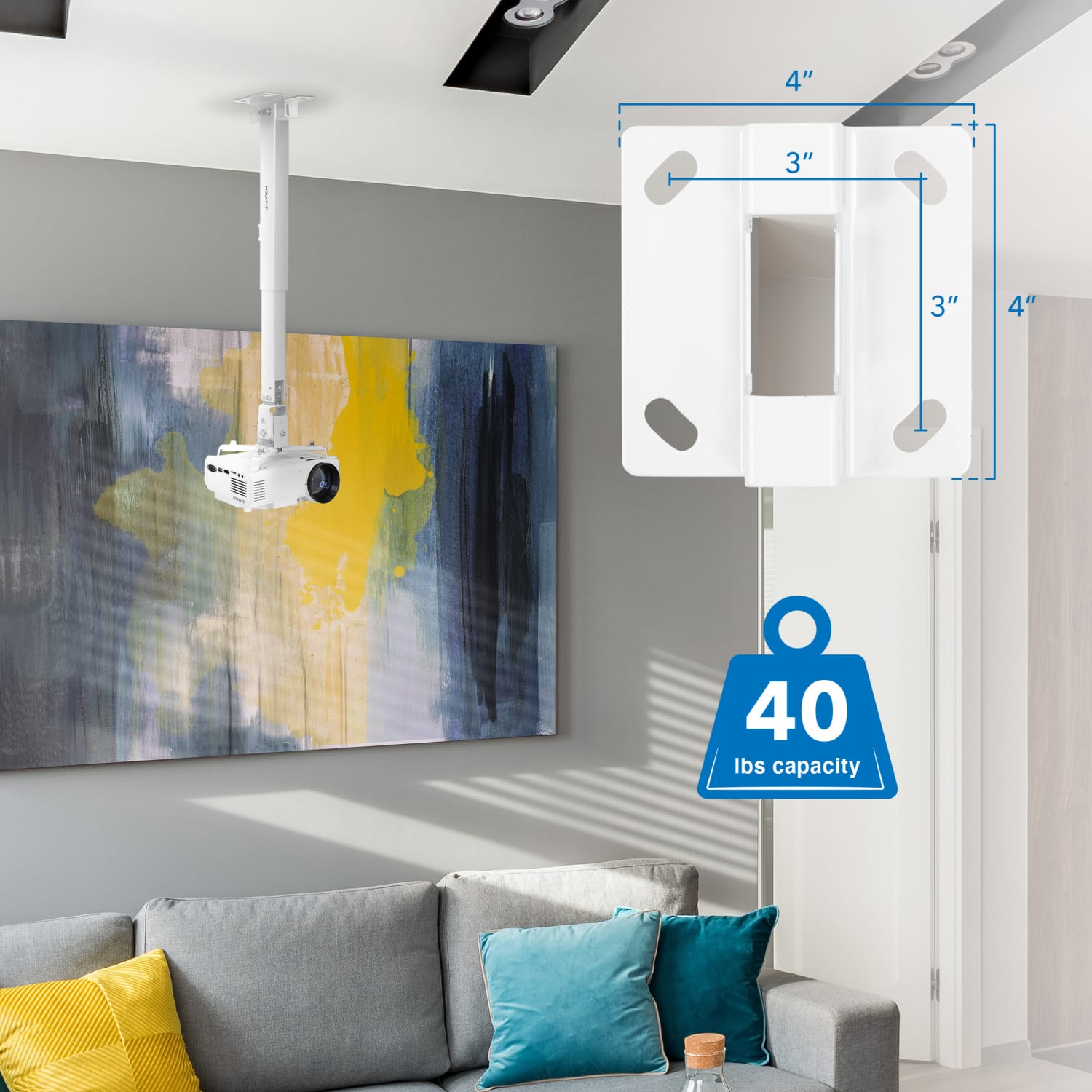 Mount-It! Full Motion Projector Wall and Ceiling Mount, 2-1/2inH x 4-1/2inW x 12-3/4inD, White - Image 5