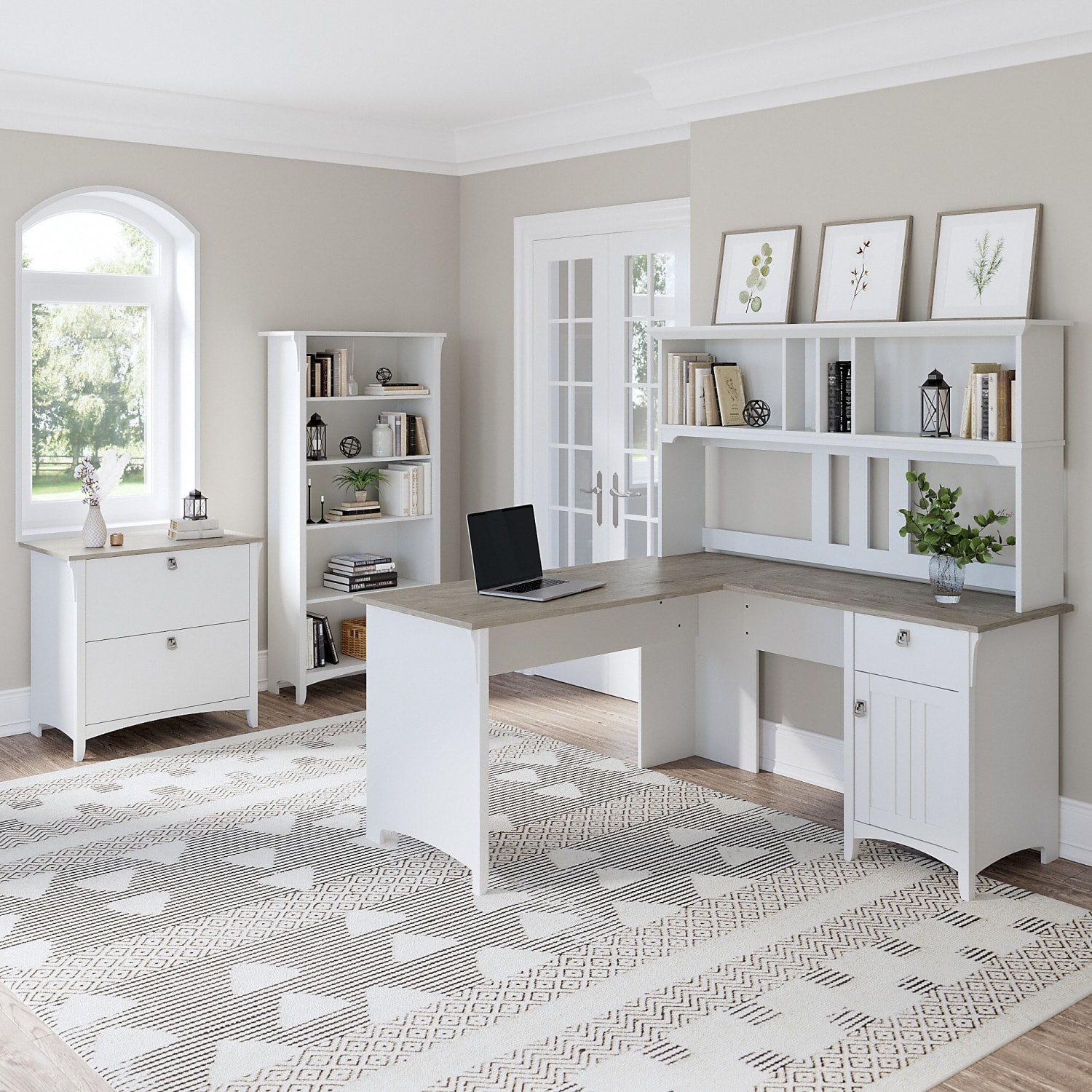Bush Furniture Salinas 60inW L Shaped Desk with Hutch, Lateral File Cabinet and 5 Shelf Bookcase, Shiplap Gray/Pure White, Standard Delivery - Image 3