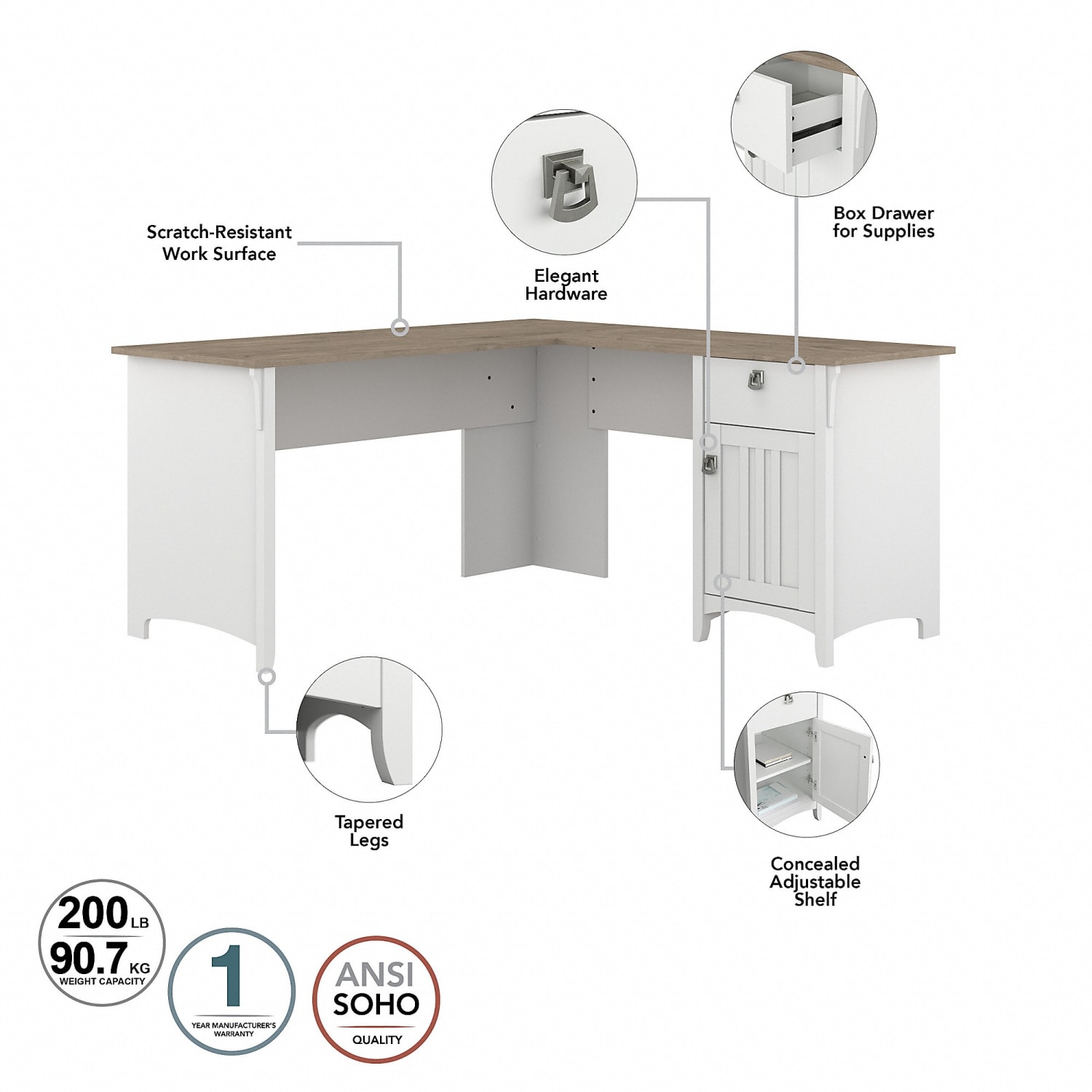 Bush Furniture Salinas 60inW L Shaped Desk with Hutch, Lateral File Cabinet and 5 Shelf Bookcase, Shiplap Gray/Pure White, Standard Delivery - Image 4