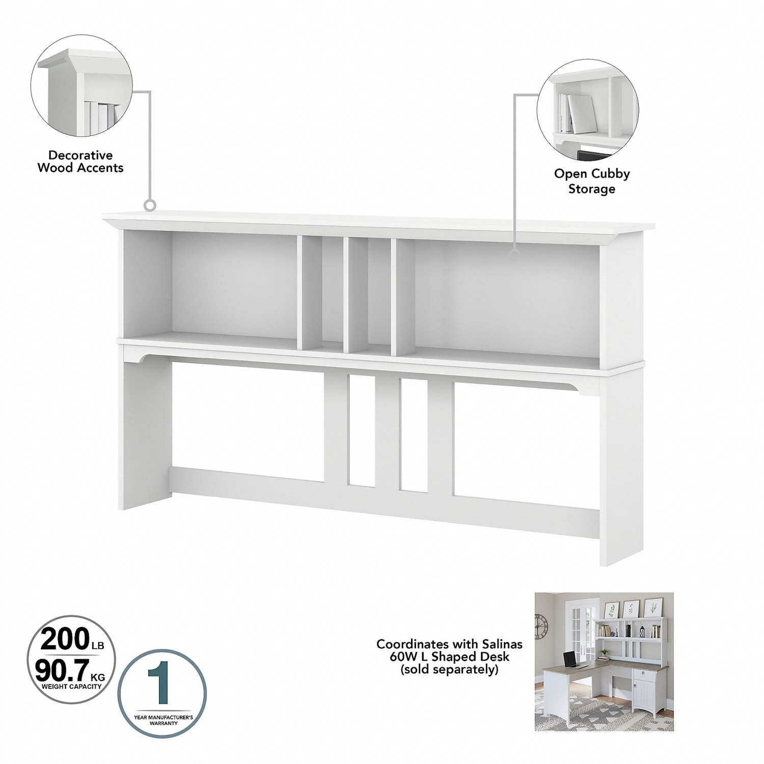 Bush Furniture Salinas 60inW L Shaped Desk with Hutch, Lateral File Cabinet and 5 Shelf Bookcase, Shiplap Gray/Pure White, Standard Delivery - Image 5