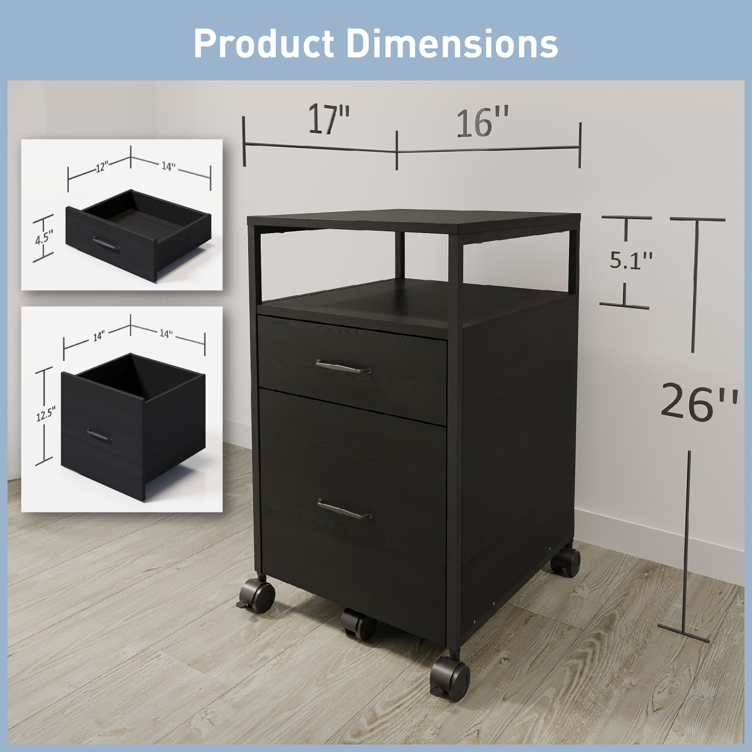 Realspace Rezio 16inD Mobile 2-Drawer Storage Cabinet, Black, BIFMA Compliant - Image 3