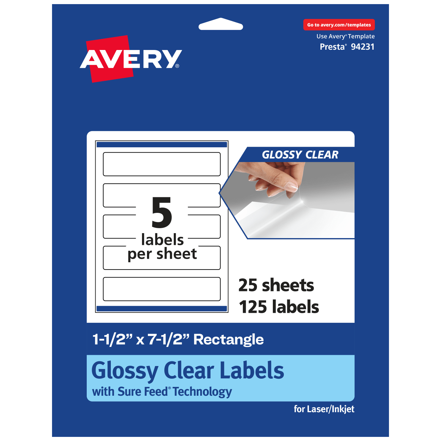 Avery Glossy Permanent Labels With Sure Feed, 94231-CGF25, Rectangle, 1-1/2in x 7-1/2in, Clear, Pack Of 125