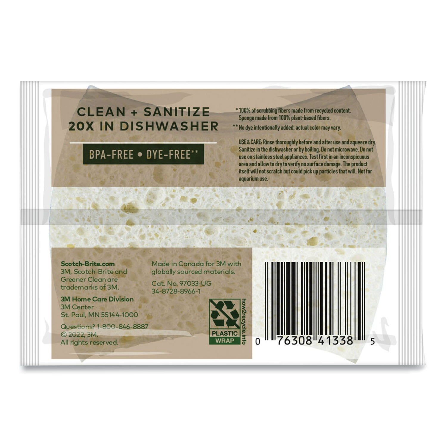 Scotch-Brite Greener Clean Non-Scratch Scrub Sponge, 2.6 x 3.3, 0.7in Thick, White, 3/Pack - Image 4