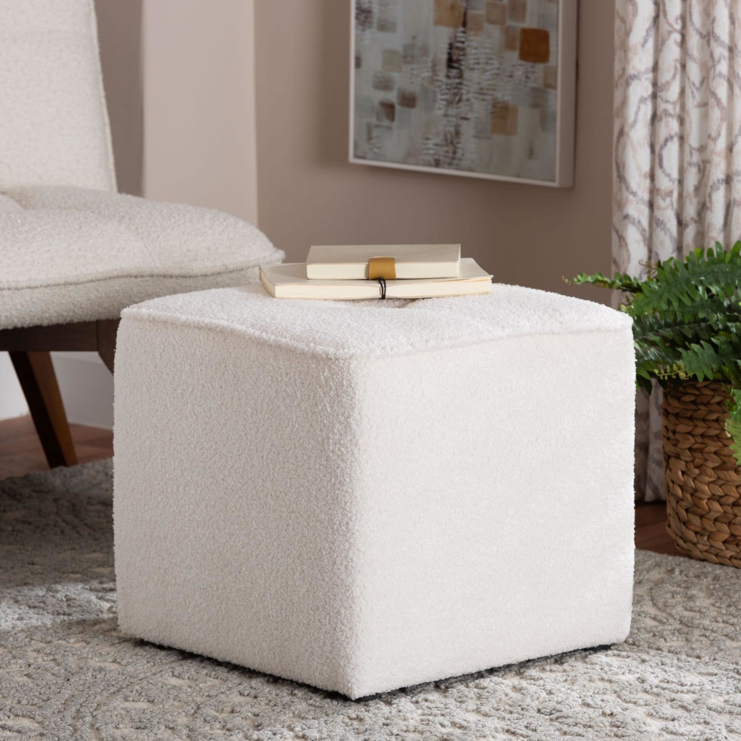 Baxton Studio Isaiah Modern Boucle Upholstered Ottoman 14 14inH x 15 34inW x 15 34inD Ivory PopularChairscom